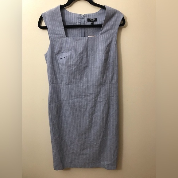 NEW Premise Women Linen Blend Blue White Pinstripe Square Neck Sheath Dress SZ 8 - Picture 4 of 12
